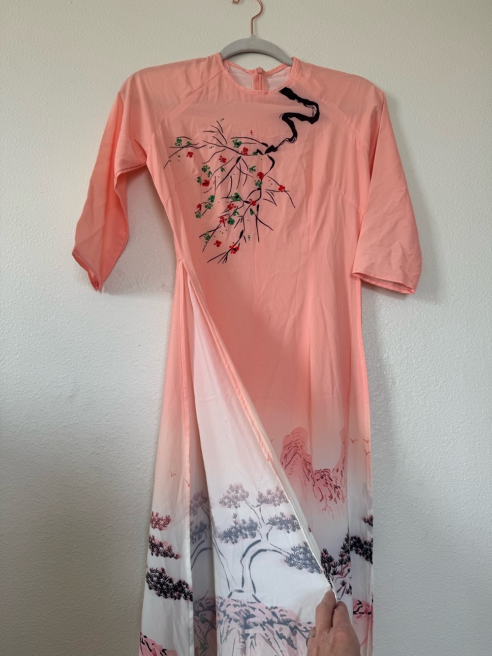 Ao Dai Vietnamese Dress Tunic Cherry Blossom Ombre Peach XS - Picture 3 of 10